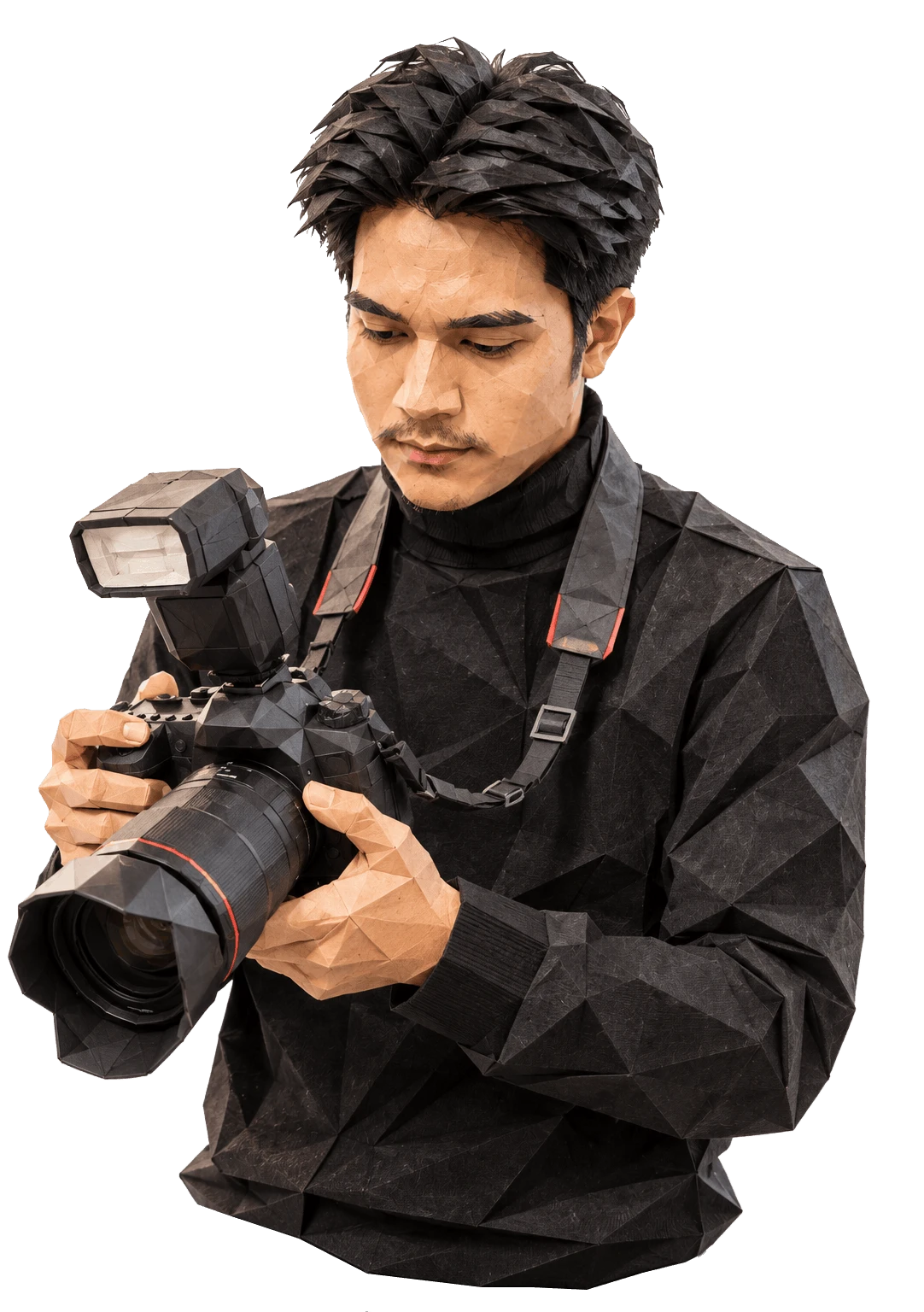 Low-poly paper sculpture of Anik G Fauzul holding a camera