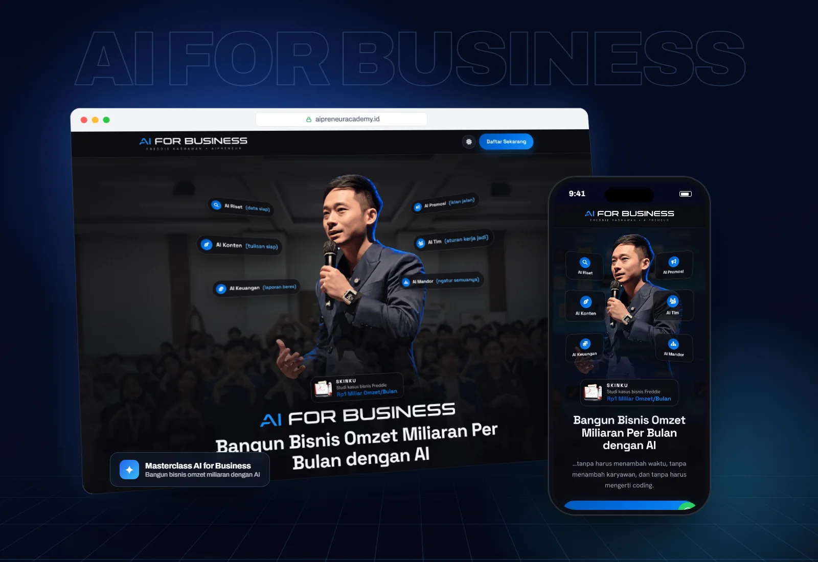 AIPreneur masterclass landing page on a browser window and a phone