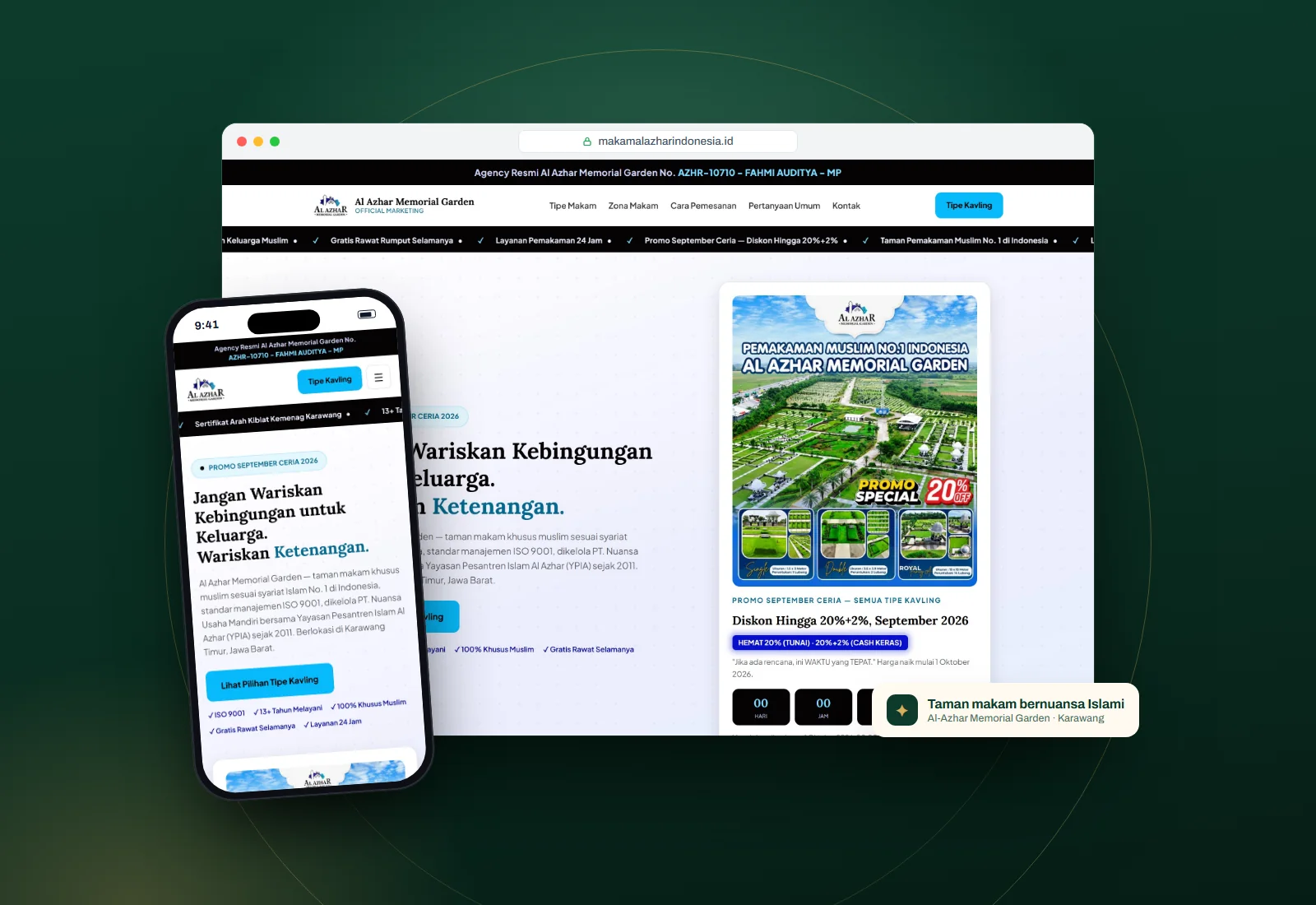 Al-Azhar Memorial Garden landing page on a browser window and a phone