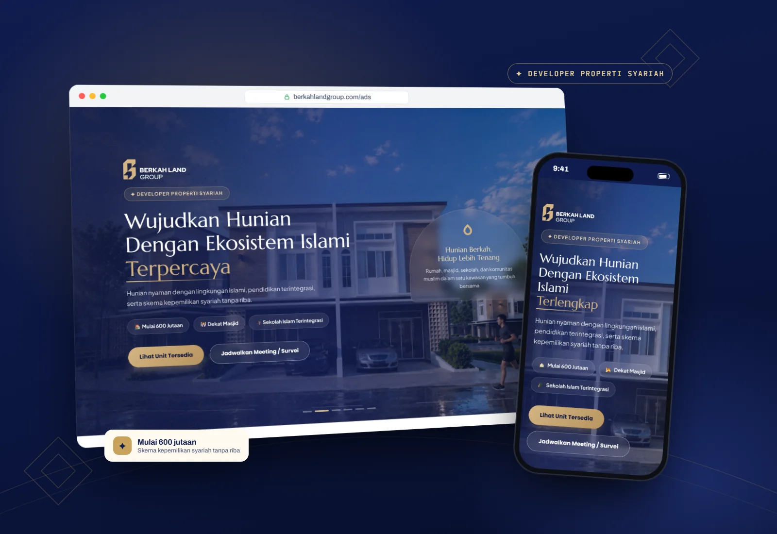 Berkah Land Group landing page on a browser window and a phone