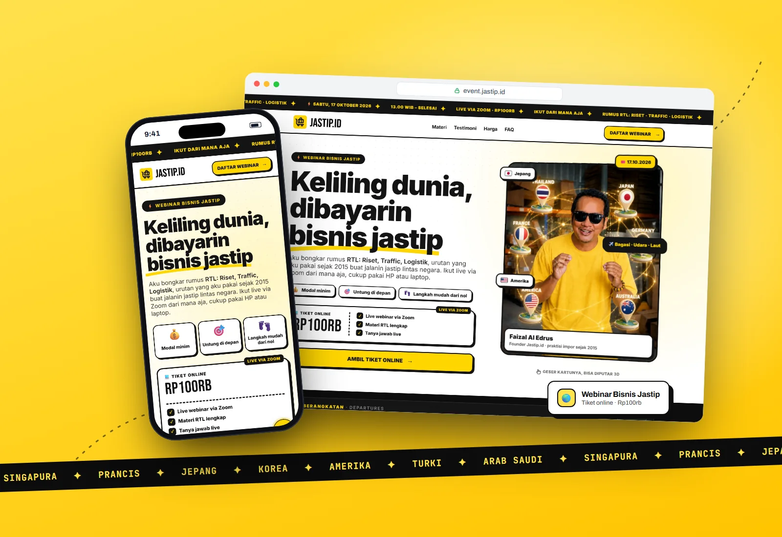Jastip.ID webinar landing page on a phone and a browser window