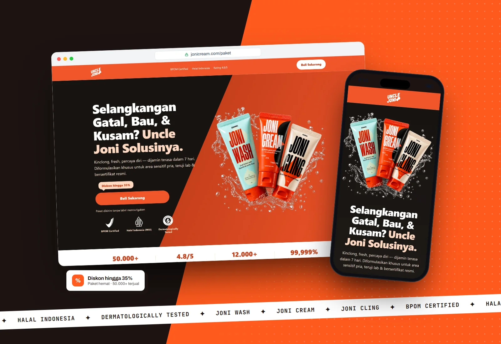 Uncle Joni product bundle landing page on a browser window and a phone