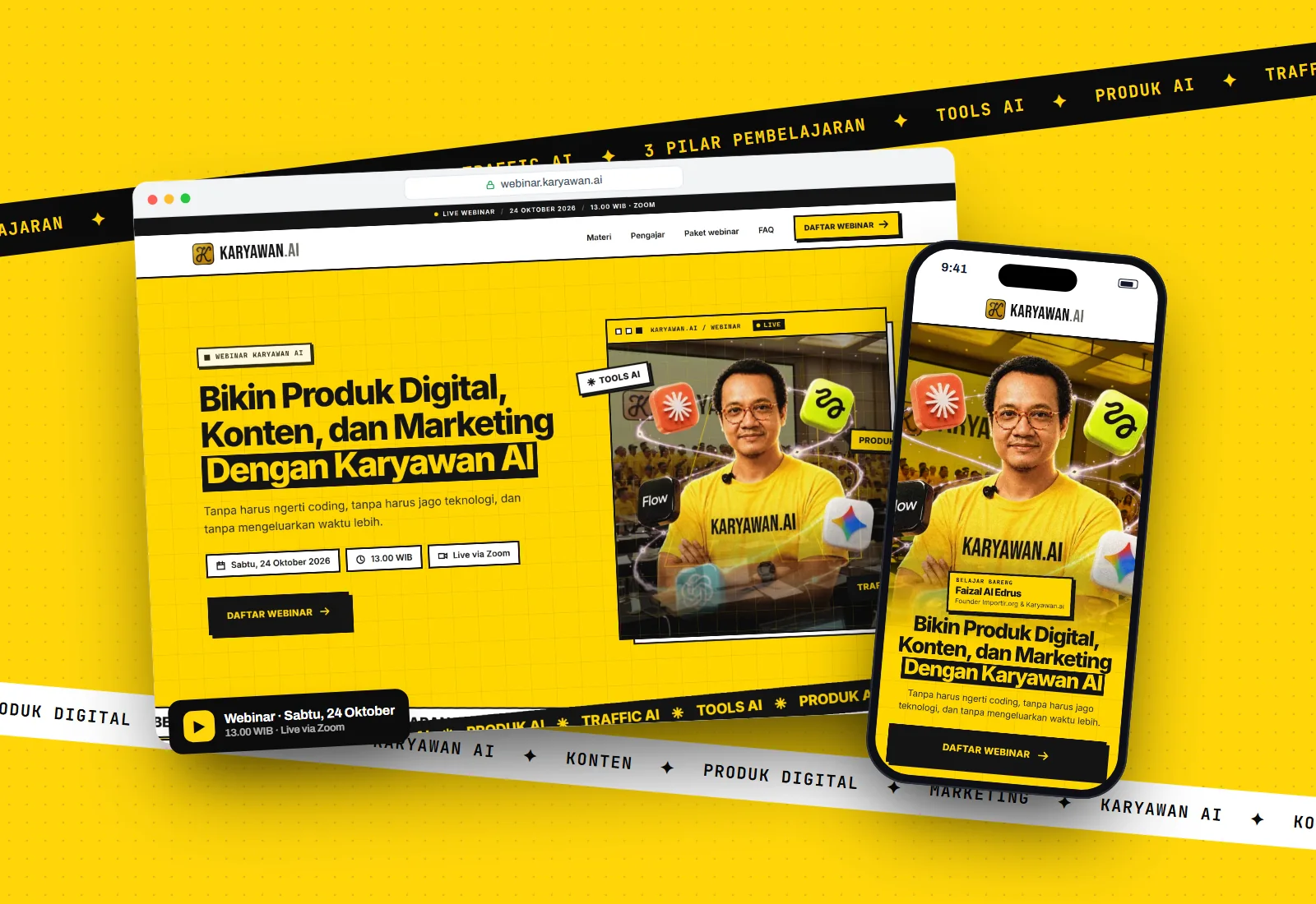 Karyawan.AI webinar landing page on a browser window and a phone