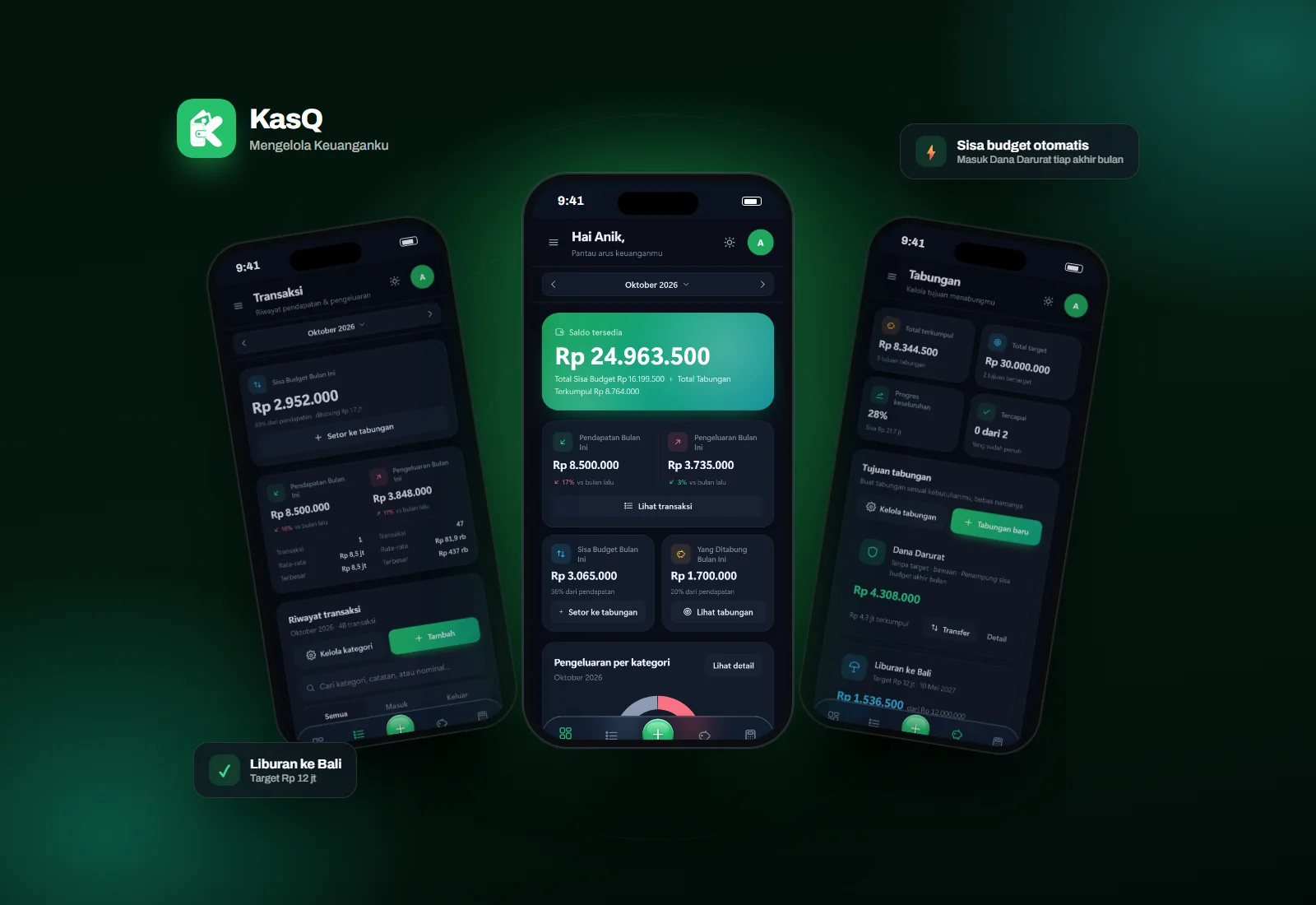 KasQ personal finance app on three phones