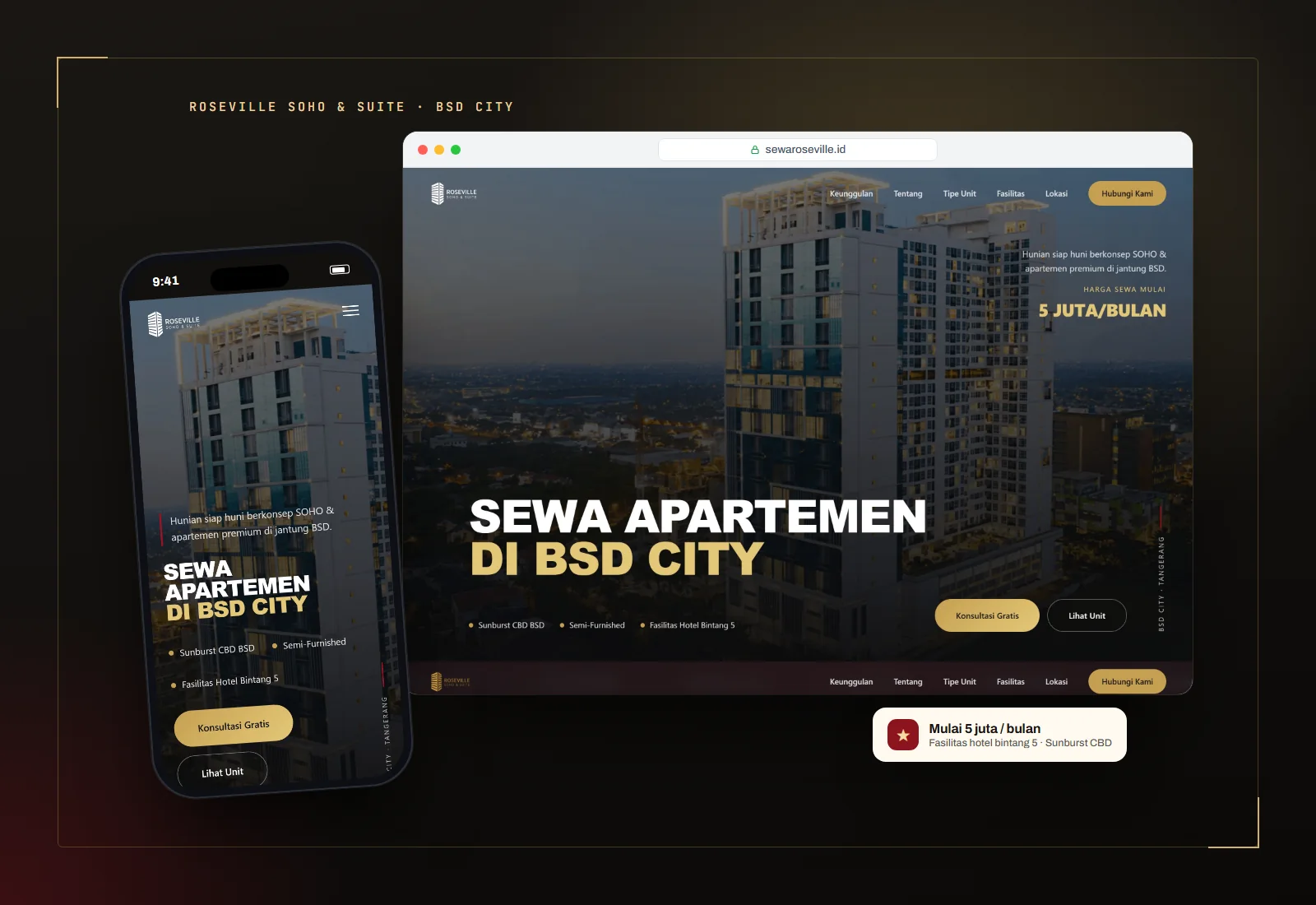 Roseville SOHO apartment rental landing page on a phone and a browser window